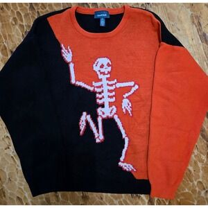 ModCloth Skeleton Halloween Colorblock Sweater XL Black Orange Crewneck Knit